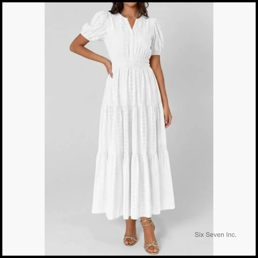 Cotton Maxi Dress with Puff Sleeves V Neck Smocked Waist Flowy Eyelet - Picture 6 of 7